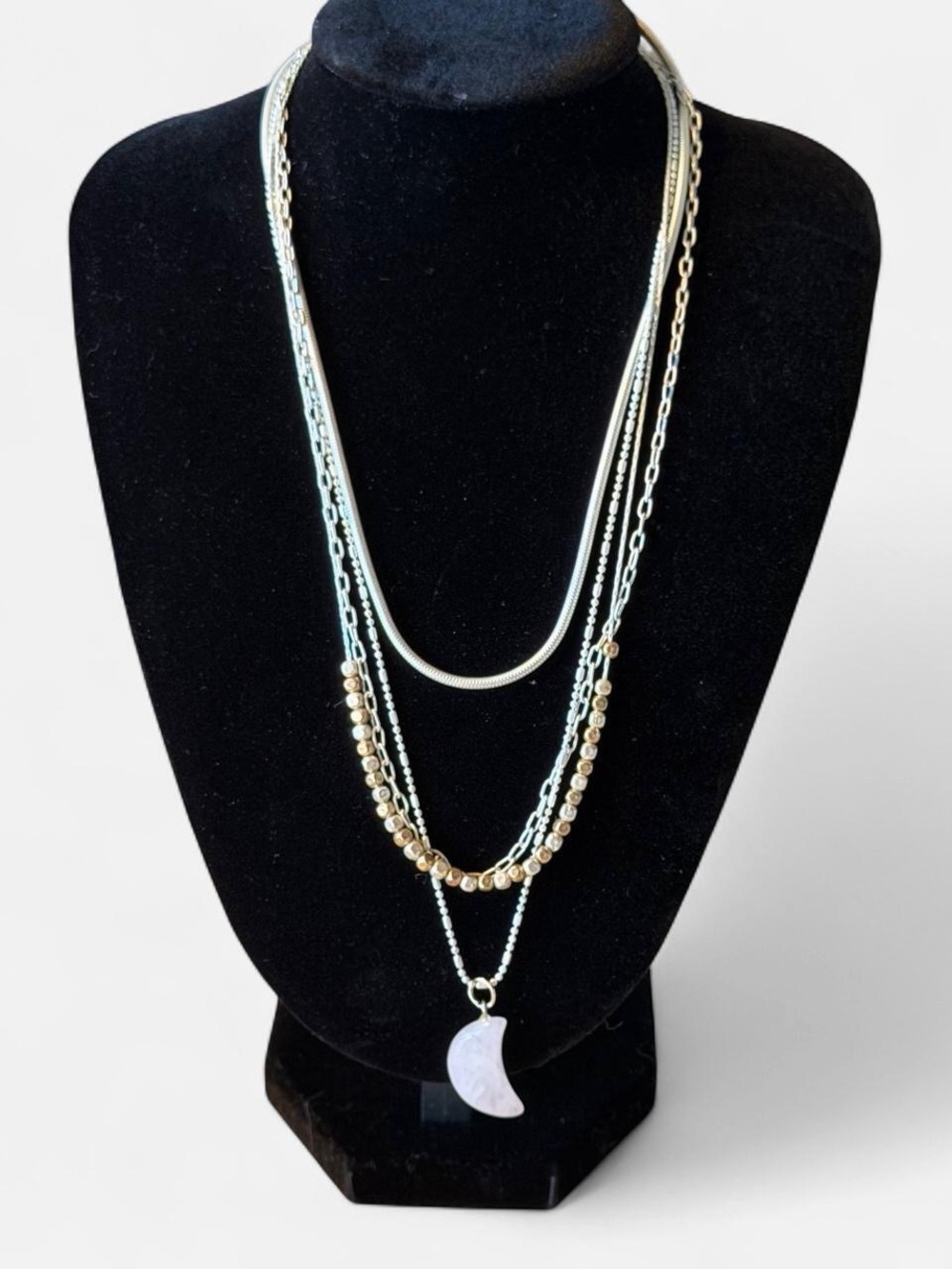 Layered Silver and Pink Moon Pendant Necklace - Women Jewelry